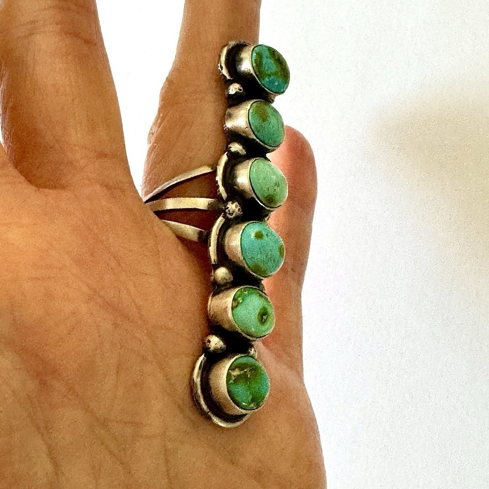Navajo Long Turquoise Ring Sz 8 Six Stone Signed Randy Billy Sterling Native - Picture 5 of 9